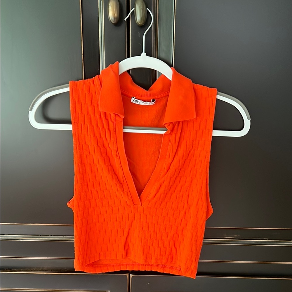 Zara Orange Ribbed Crop Polo Tank Top